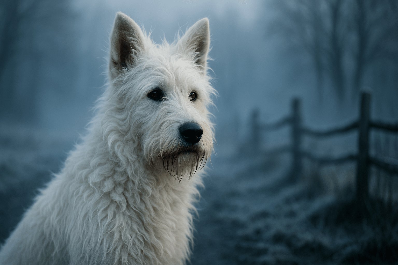Bouvier des Ardennes Dog close-up with fluffy white fur and dark eyes, set against a misty outdoor backdrop with rustic wooden fence
