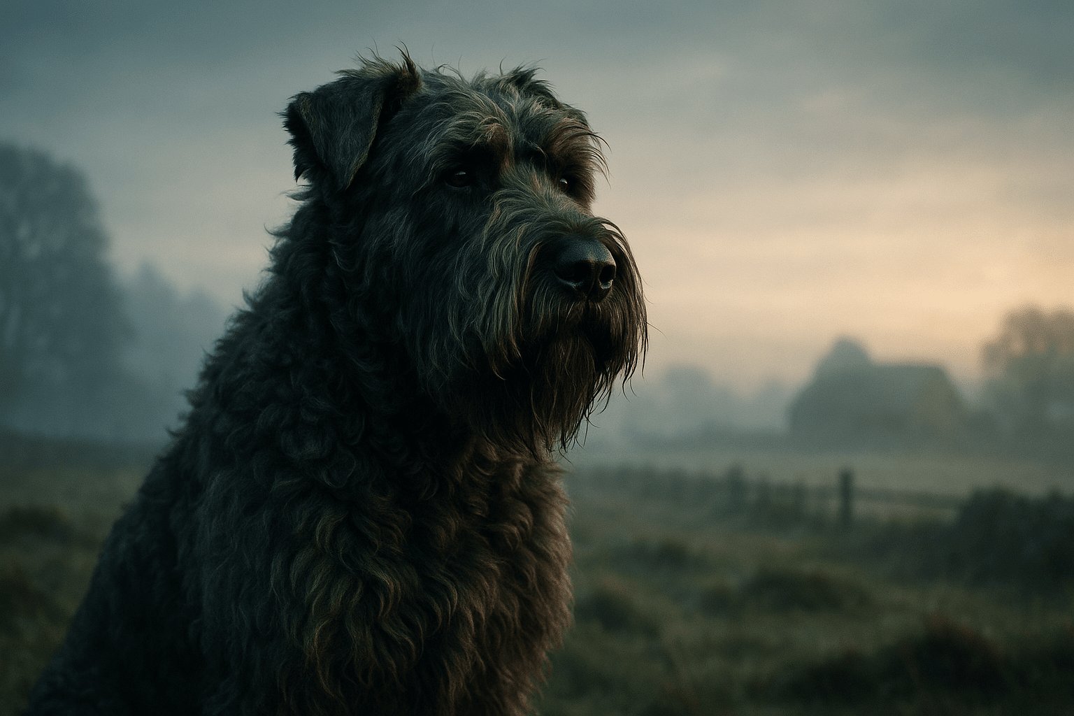 Bouvier des Flandres Dog with thick black shaggy coat stands in misty field at dawn, muted tones and foggy horizon in soft morning light
