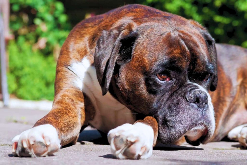 Reddish-brown Boxer Dog with white chest markings lies on paved surface, looking slightly right, surrounded by blurred greenery