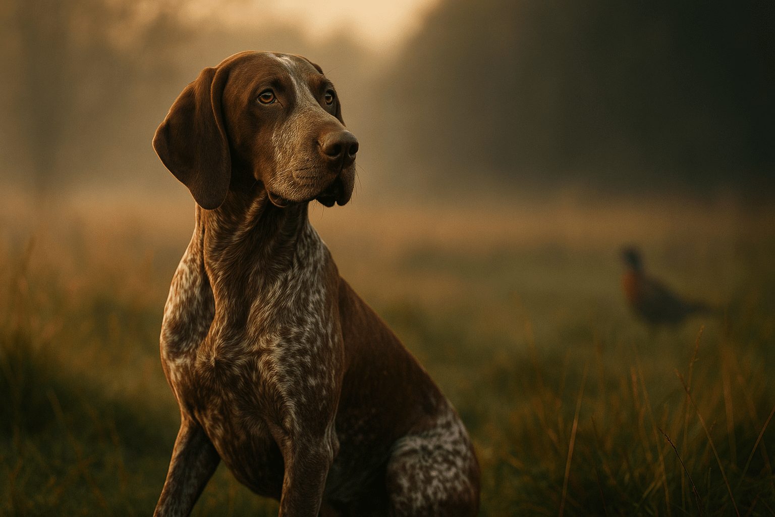 Braque Français Dog with brown speckled coat sits in tall grass, gazing upward, golden light hinting at dawn with blurred bird in background
