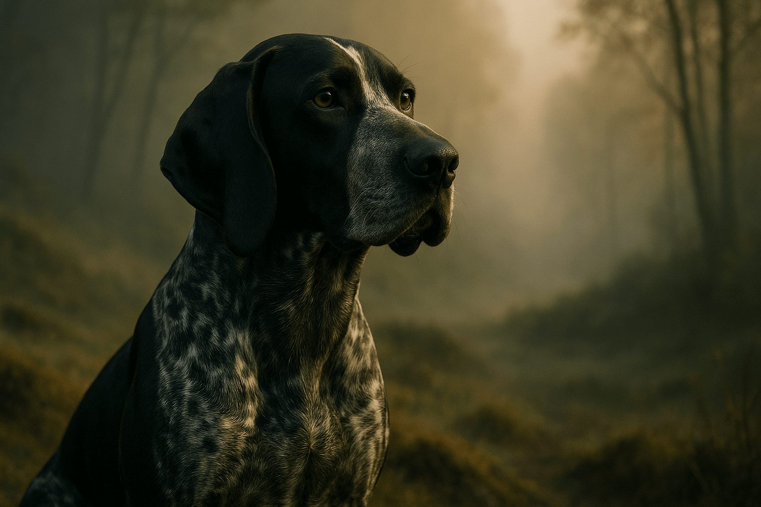 Braque d'Auvergne Dog with black and white spotted coat in profile, standing against a foggy forest background with muted earthy tones