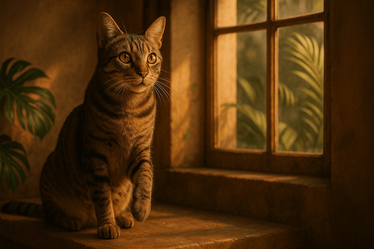 Brazilian Shorthair Cat tabby with brown striped fur sits alert on windowsill looking outside, warm indoor light