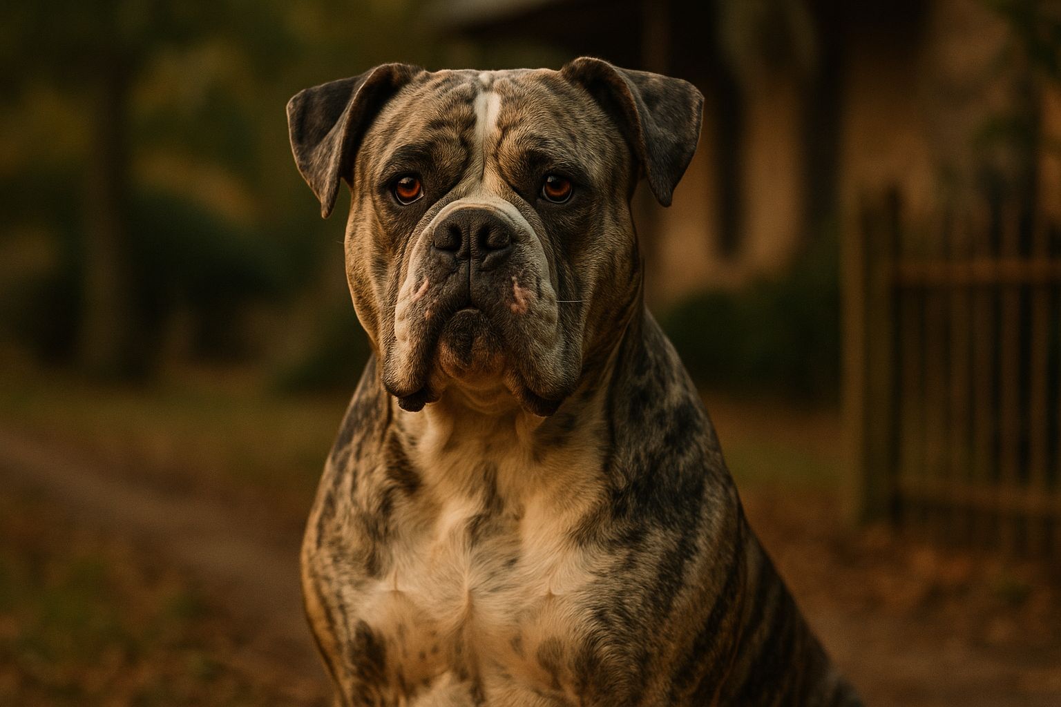 Brindle Alapaha Blue Blood Bulldog sitting on a dirt path, facing the camera with amber eyes and a muscular build.
