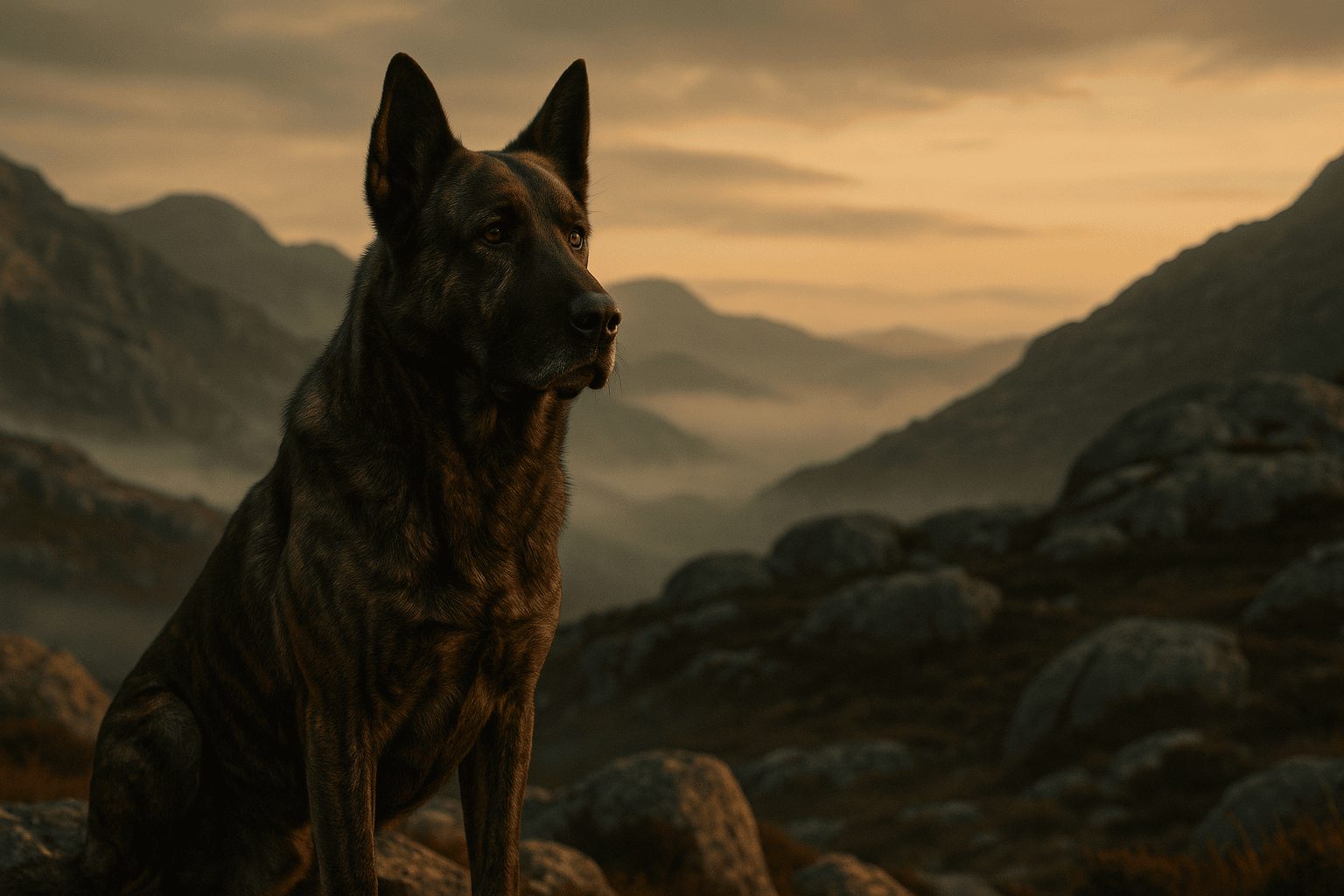 Brindle Castro Laboreiro Dog perched on rocky terrain with mountains and orange-tinted sky background, showing keen observant gaze.