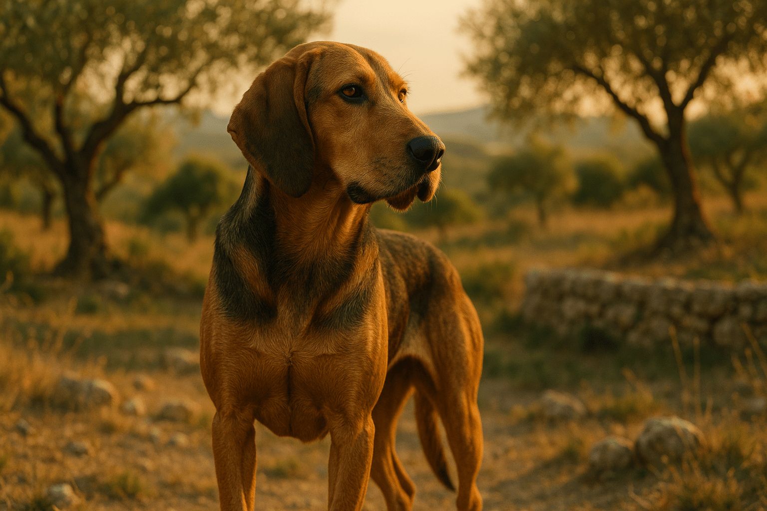 Briquet de Provence Dog with brown and black coat stands alert in a sunlit field, gazing right with calm focus, trees and stone wall behind