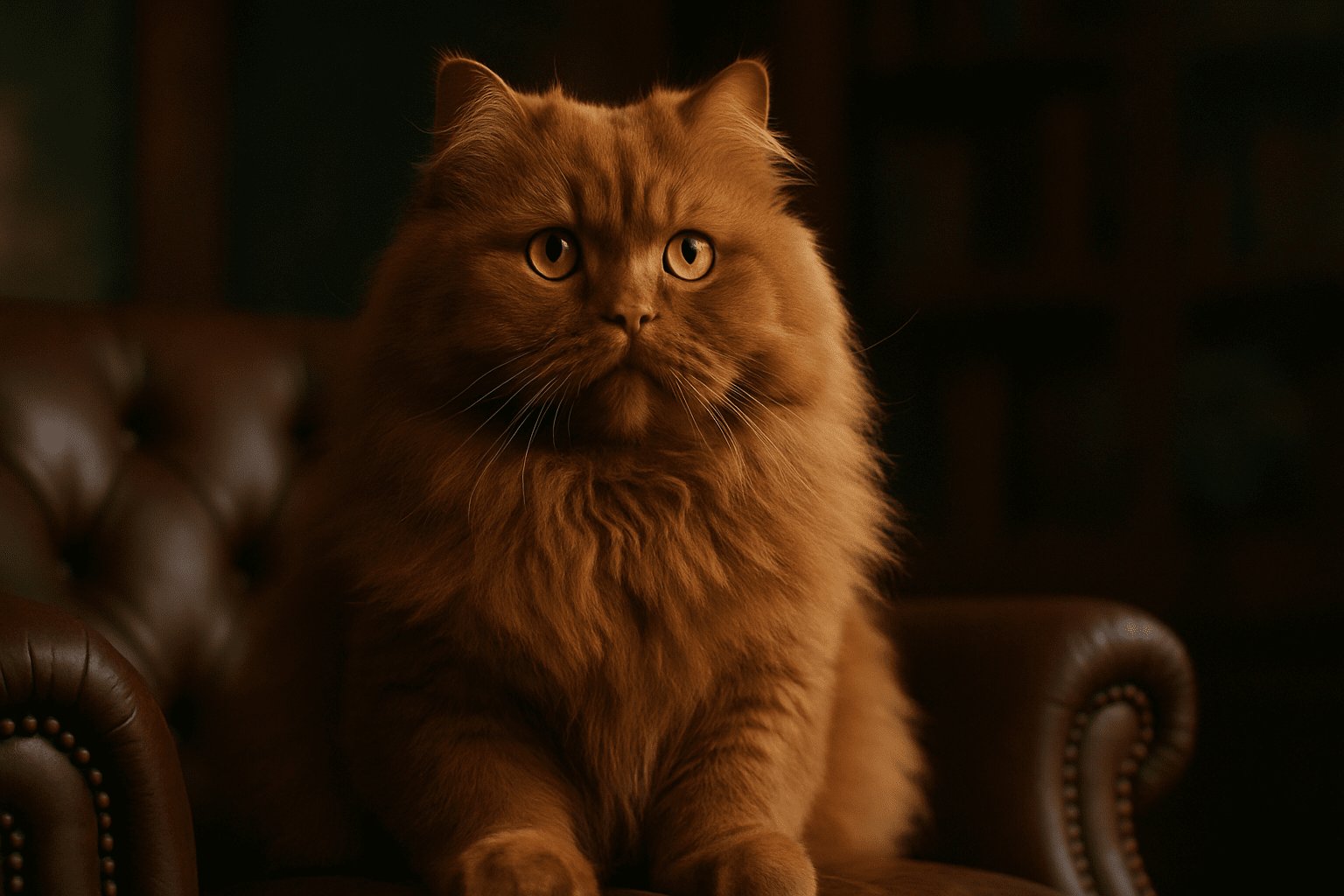 British Longhair Cat with thick orange fur sits on dark tufted leather chair, amber eyes staring alertly into warm low-lit background