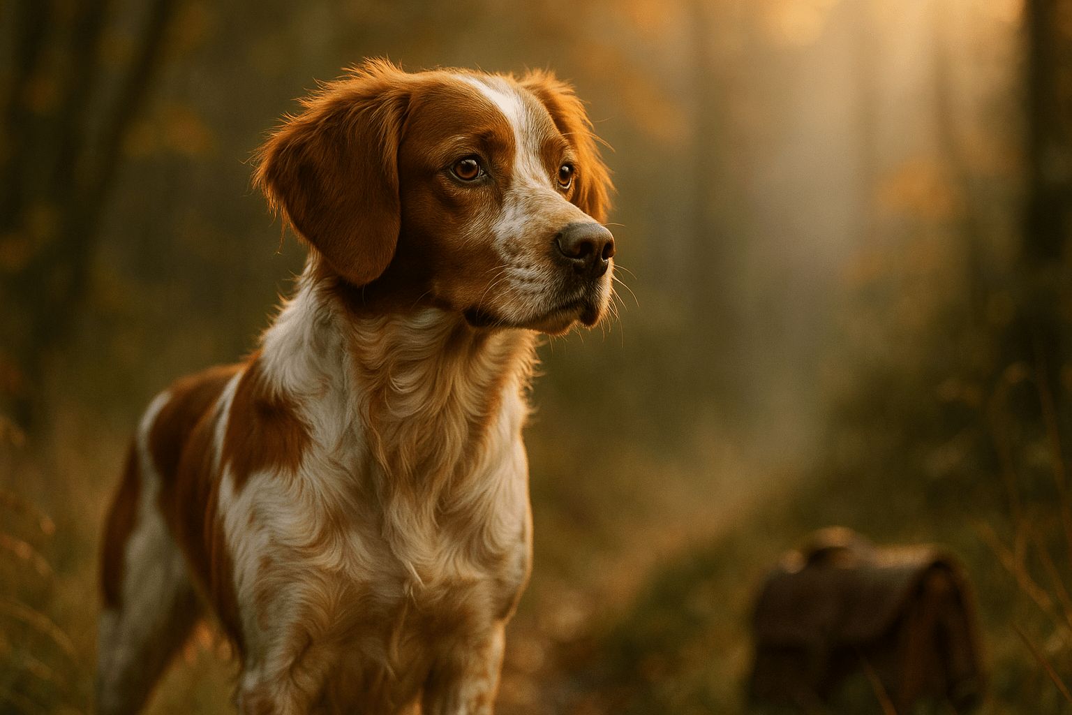Brittany Spaniel Dog with white and brown coat stands alert in golden forest light, soft blurred background keeps focus on the gentle dog