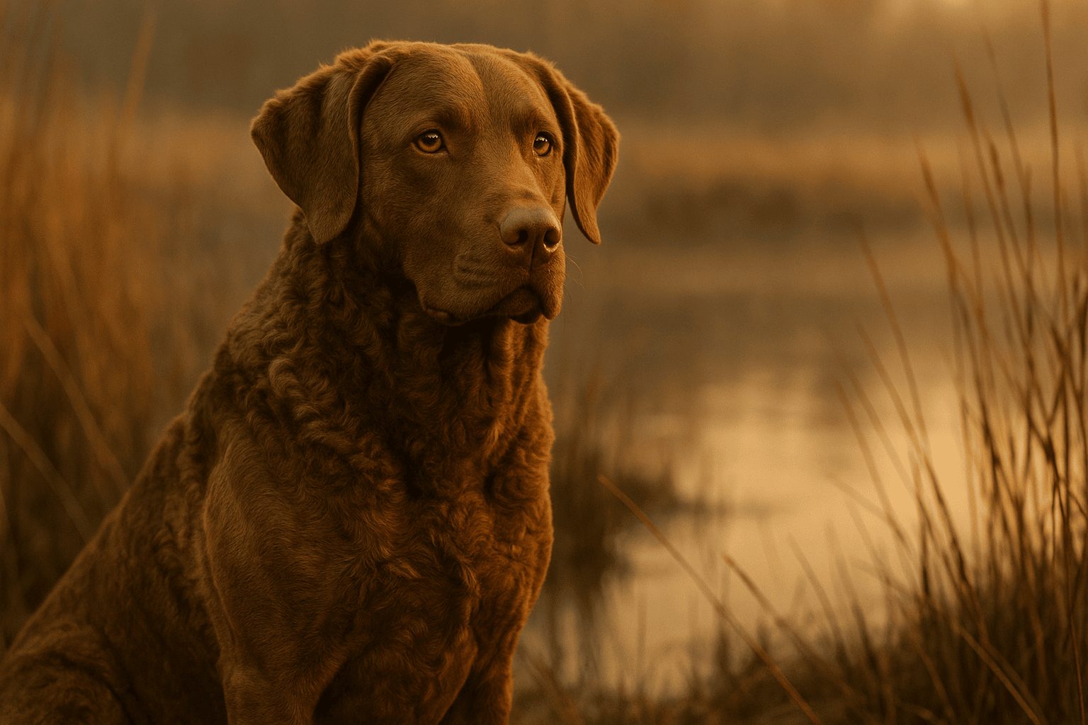 Chesapeake Bay Retriever with chocolate brown coat sits calmly by water and reeds under warm light, highlighting its intelligent expression