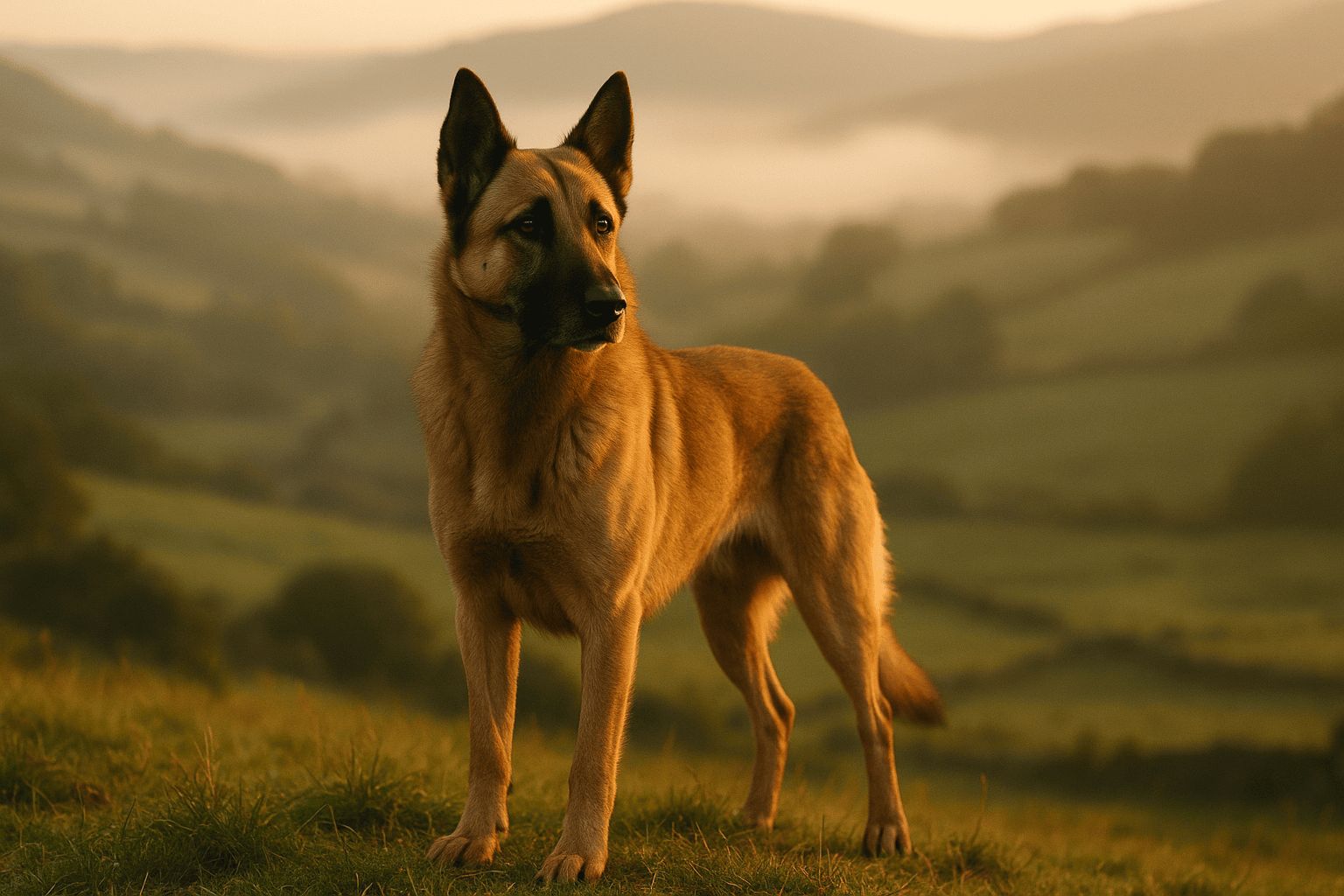 Attentive tan Can de Palleiro Dog (Malinois type) standing on a grassy hill bathed in warm, golden light.
