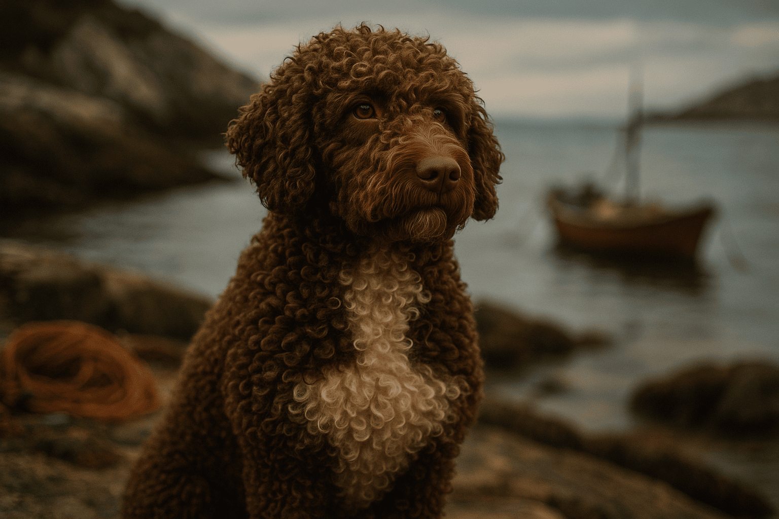 Brown Lagotto Romagnolo dog with curly coat by water, resembling Cantabrian Water Dog near rocky shore.