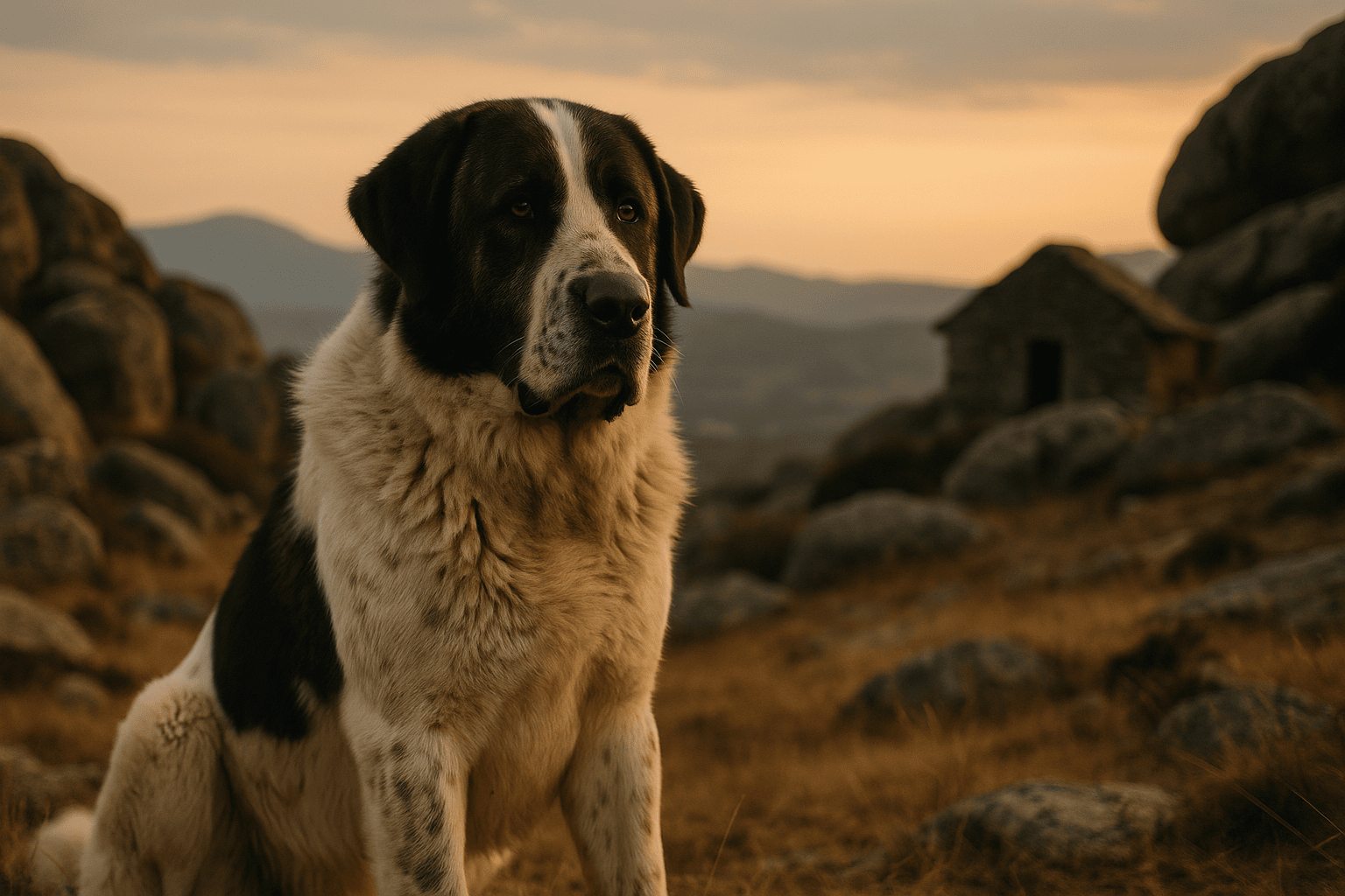 Cão de Gado Transmontano dog with white coat and black markings sitting in rugged terrain with warm, earthy backdrop at sunrise.