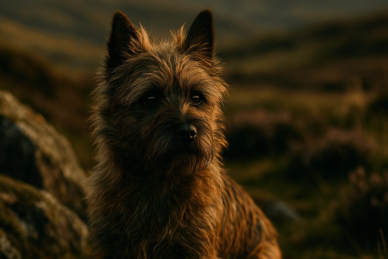 Close-up portrait of a Cairn Terrier with wiry brown and tan fur, exhibiting a gentle, intelligent gaze in natural light.