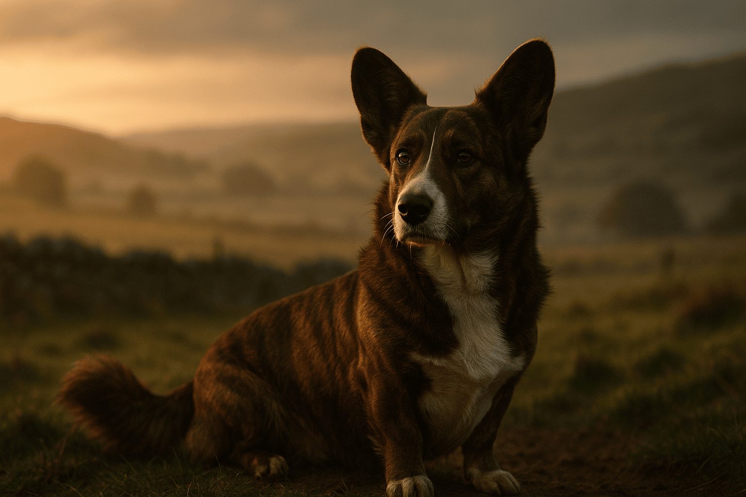 Brown Cardigan Welsh Corgi with white facial stripe and chest markings sitting in grassy field with rolling hills in background.