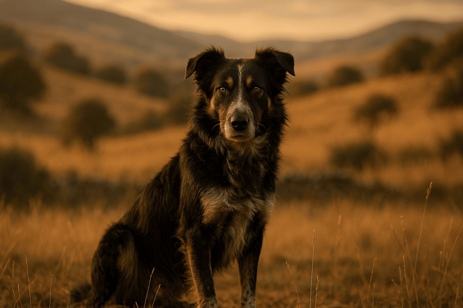 Carea Leonés dog with black and brown coat sitting alert in dry grassy field with rolling hills and sparse trees in background.