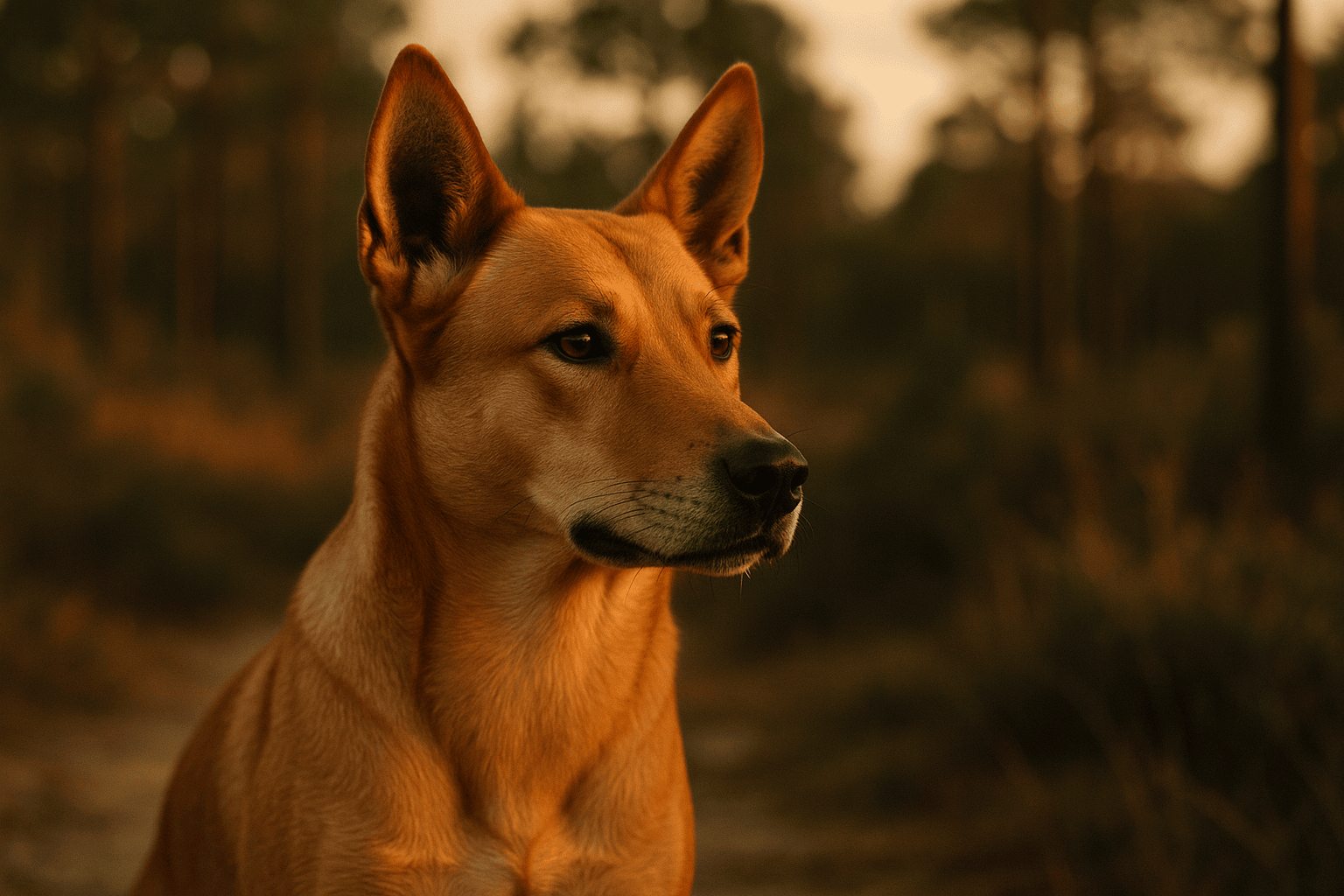 Carolina Dog with smooth tan coat and upright ears, alert gaze, against blurred natural background with warm tones.