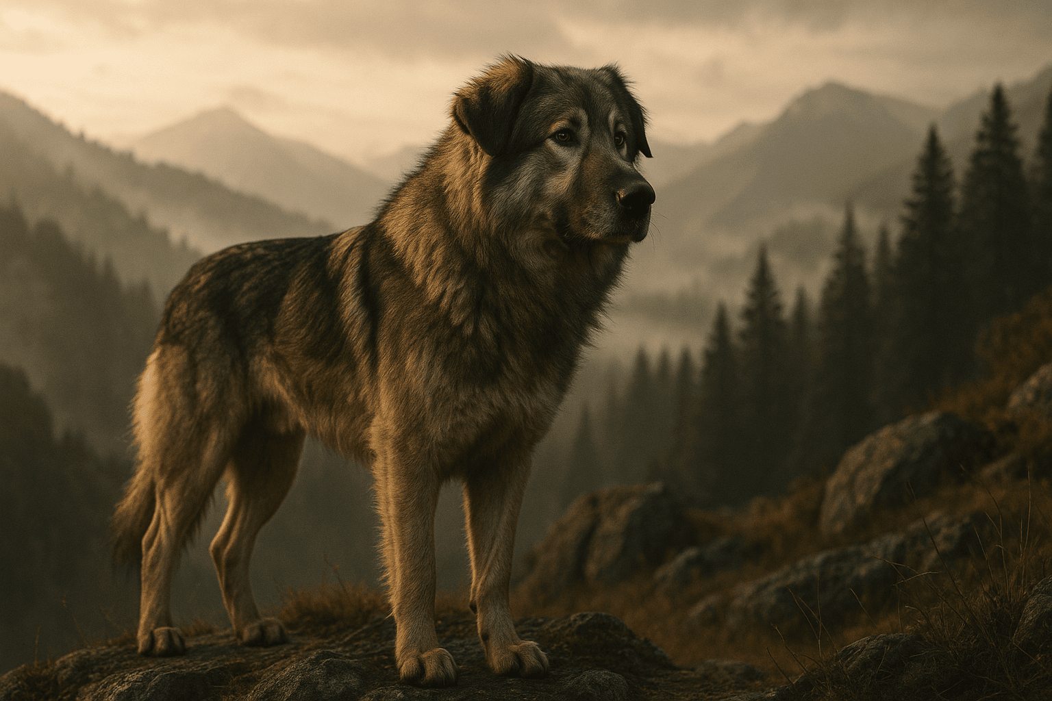 Majestic Carpathian Shepherd Dog with thick brown-gray coat standing on rocky outcrop overlooking misty mountains.