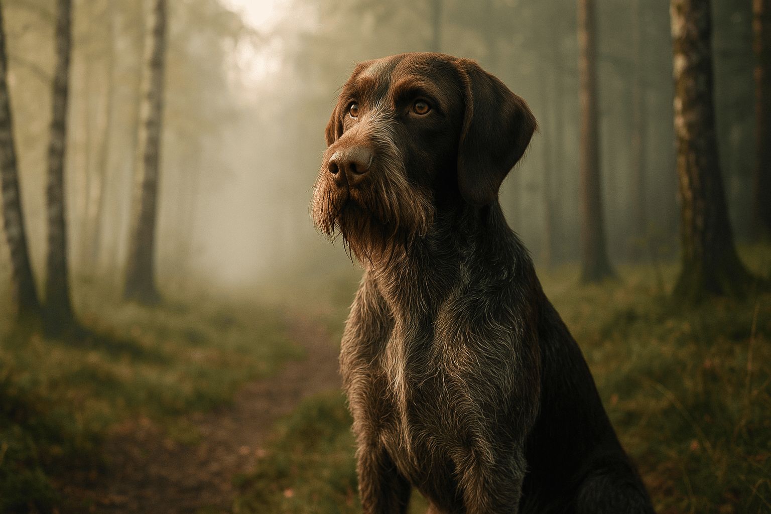 Český fousek dog with wiry brown and gray coat sits alert in misty forest, amber eyes focused and calm amid trees and fallen leaves