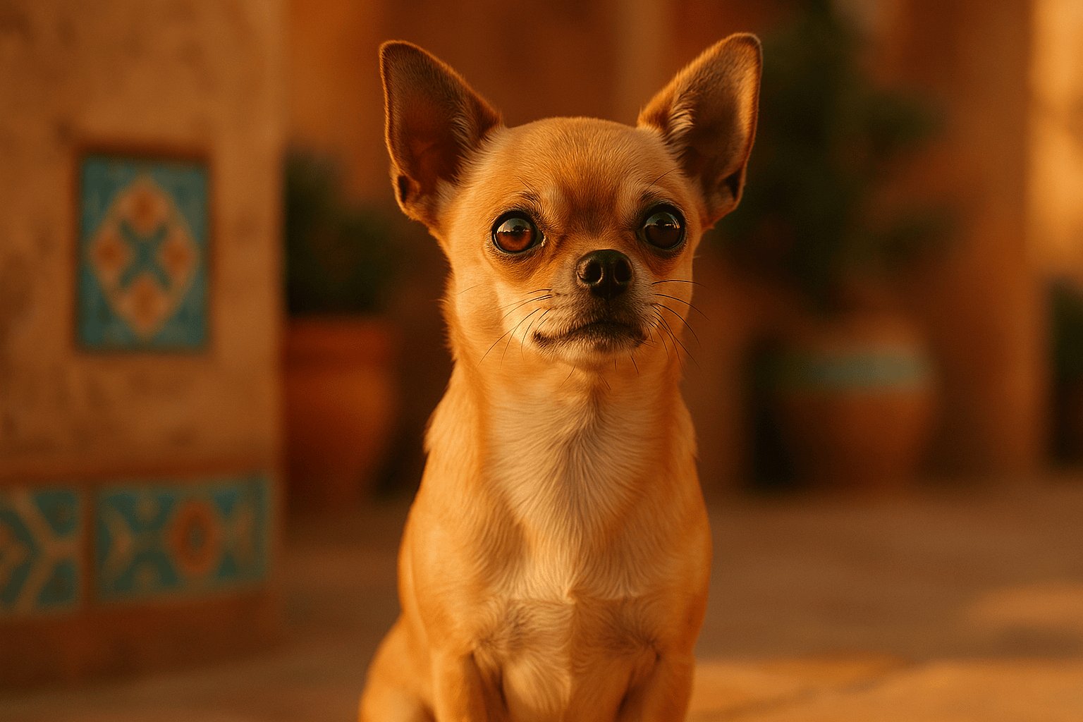 Small tan Chihuahua dog with bright eyes and erect ears in warm, softly lit outdoor courtyard with artistic tiled background.