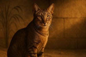 Chausie Cat with rich brown tabby fur and golden eyes sits facing camera against sepia-toned brick wall background