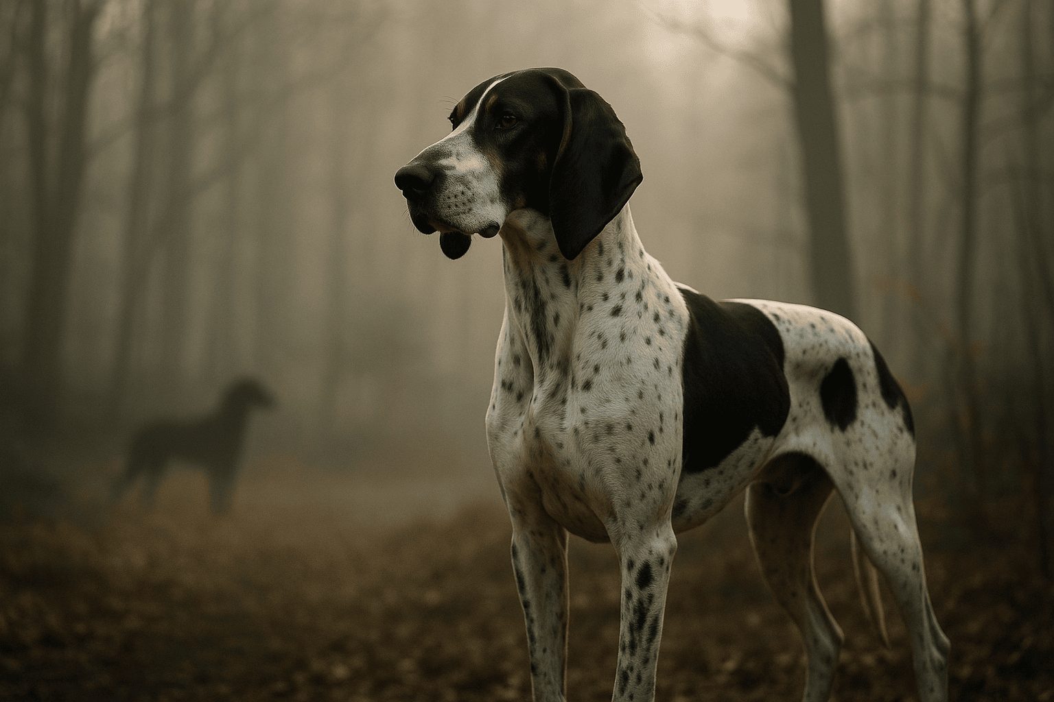 Chien Français Blanc et Noir Dog stands alert in misty forest with white coat and black spots, exuding calm focus in soft morning fog