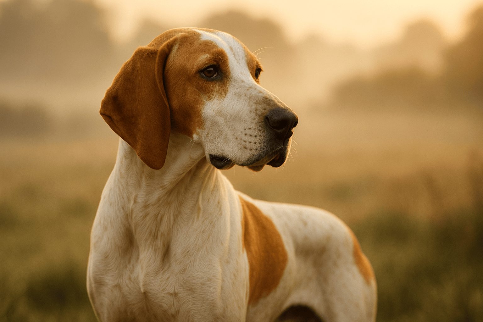 Chien Français Blanc et Orange Dog with white coat and golden-brown patches stands in warm natural light with soft blurred background
