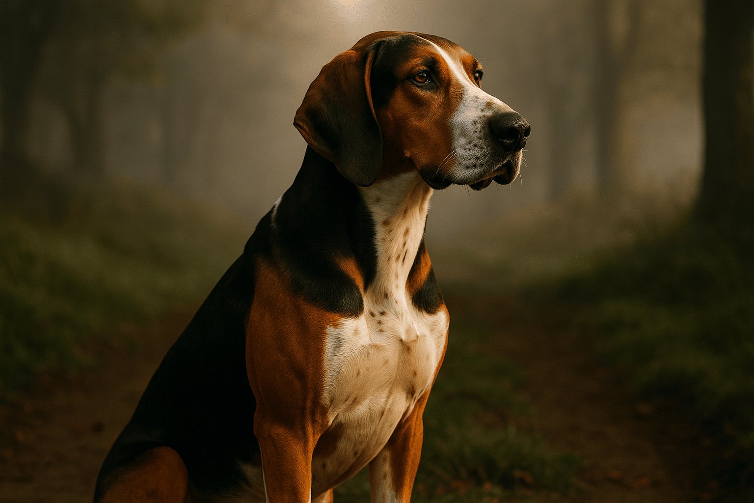 Chien Français Tricolore with distinctive brown, black, and white tri-color coat, sitting in woodland with warm, soft lighting.
