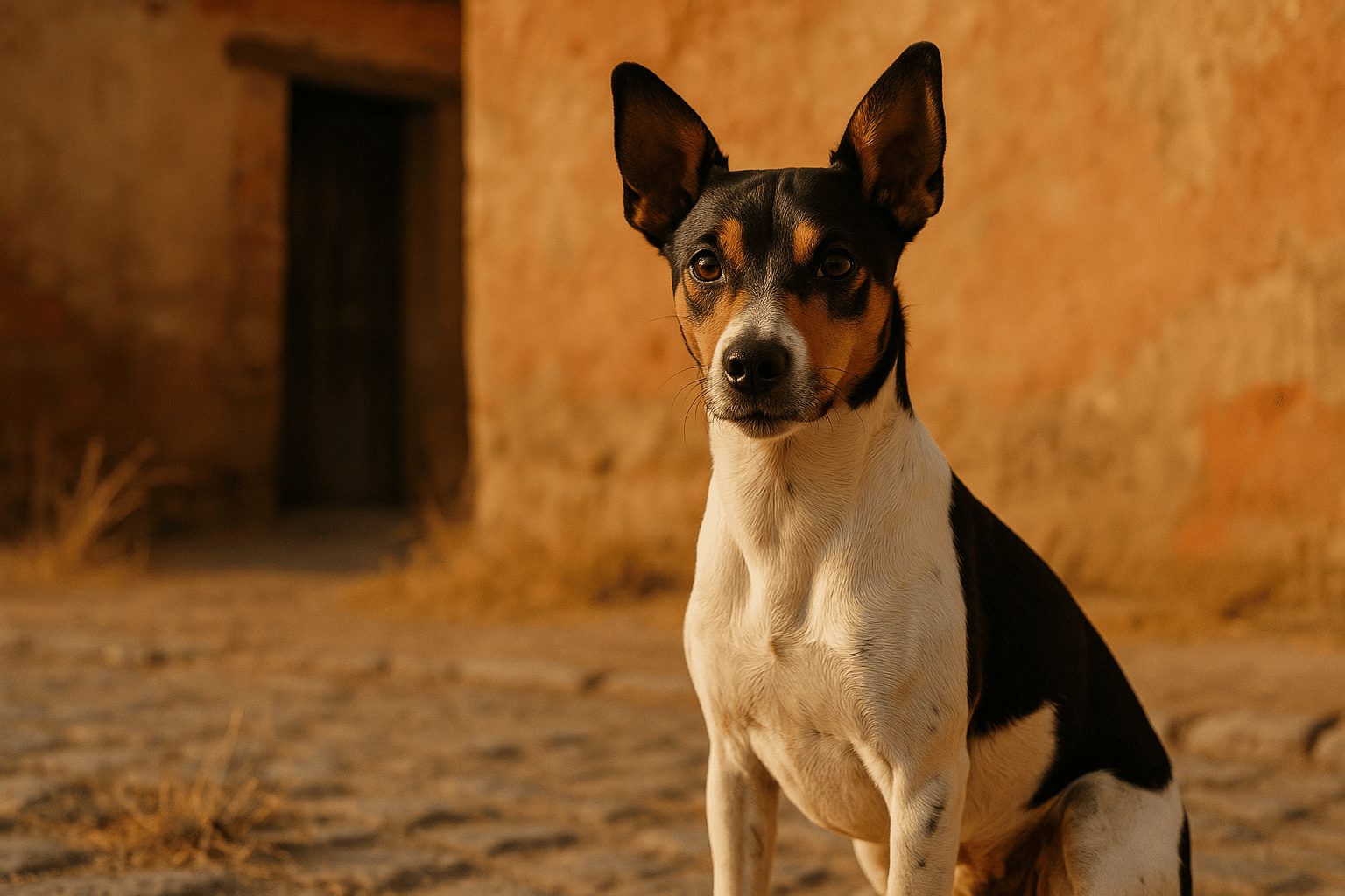 Chilean Terrier with black, tan, and white coat sitting outdoors near textured orange building with alert expression and erect ears.