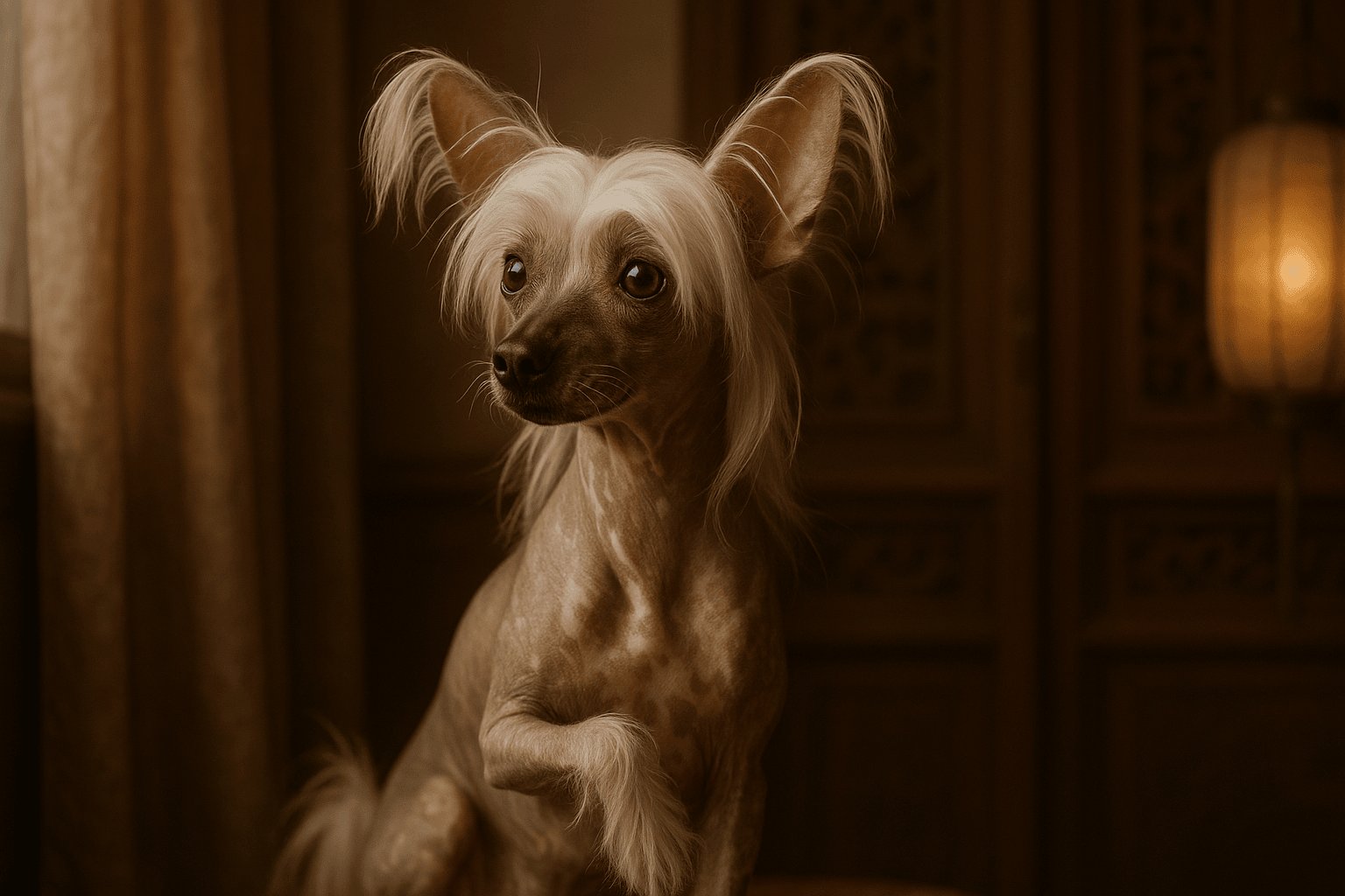Sepia-toned portrait of a Chinese Crested Dog with hairless body, flowing hair on head and paws, and expressive eyes in a softly lit intimate setting.