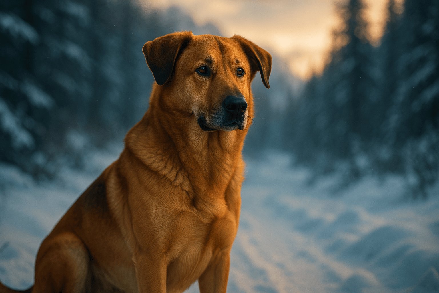 Chinook Dog with shiny golden-brown coat sitting in snowy wooded area, floppy ears and attentive gaze to the right.