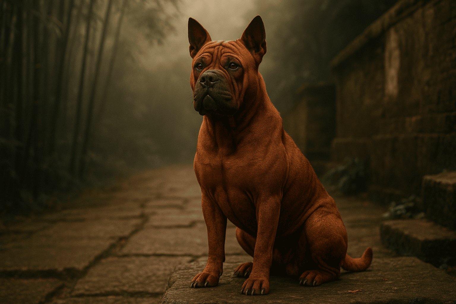 Dignified reddish-brown Chongqing Dog with erect ears and wrinkled face sitting on stone steps, surrounded by fog and trees.