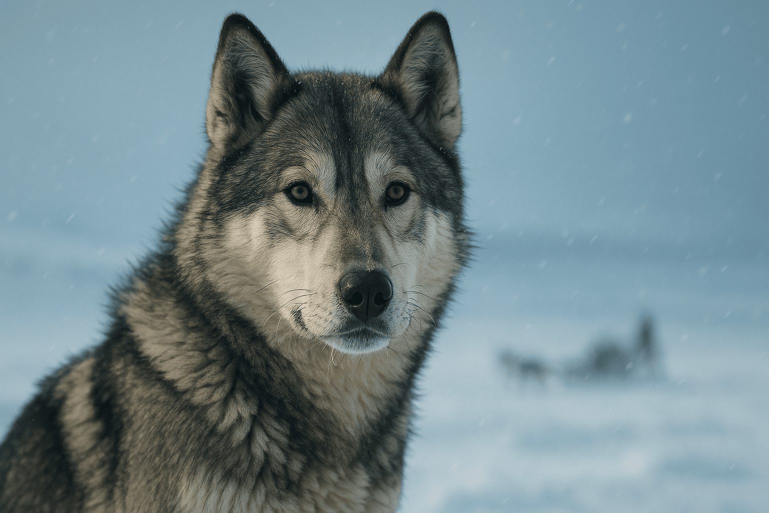Intense gaze of a Chukotka Sled Dog in snowy environment, showcasing thick gray and cream fur suited for Arctic conditions.