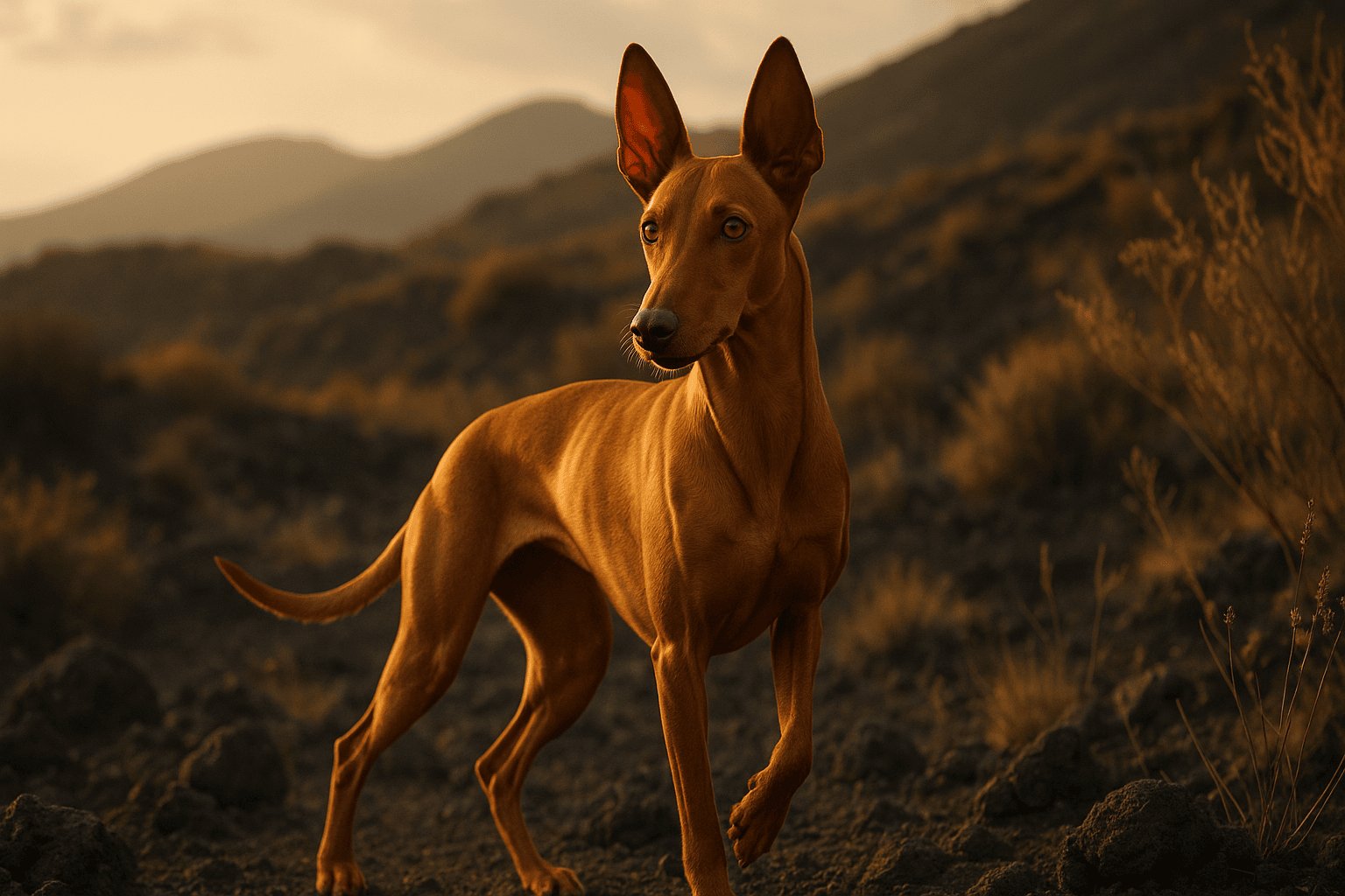 Cirneco dell'Etna dog with light brown coat standing alert in rocky, arid landscape with warm, soft sunrise or sunset lighting.