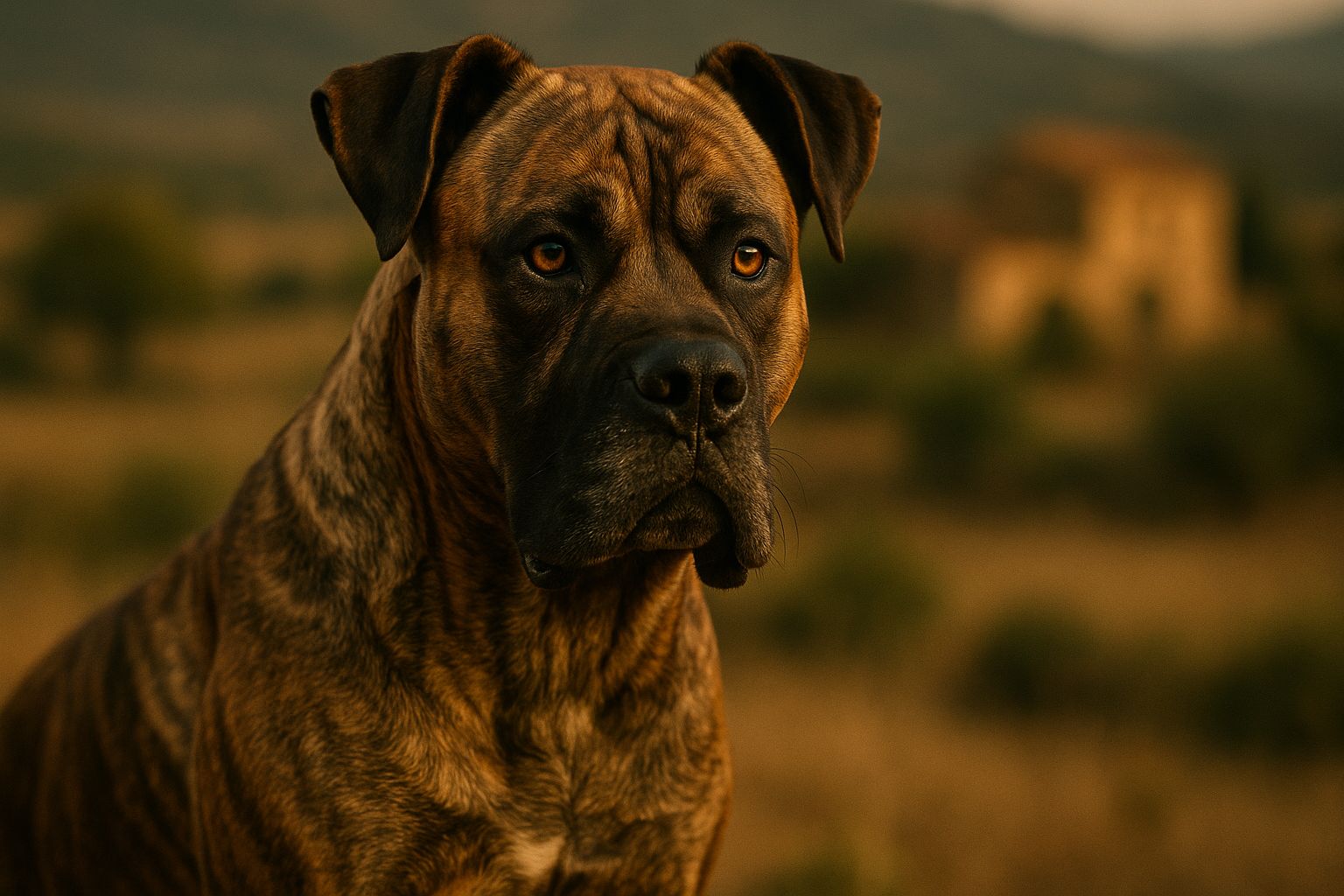 Close-up of a brown and tan Alano Español dog with a strong build and serious gaze, set against a golden field background.