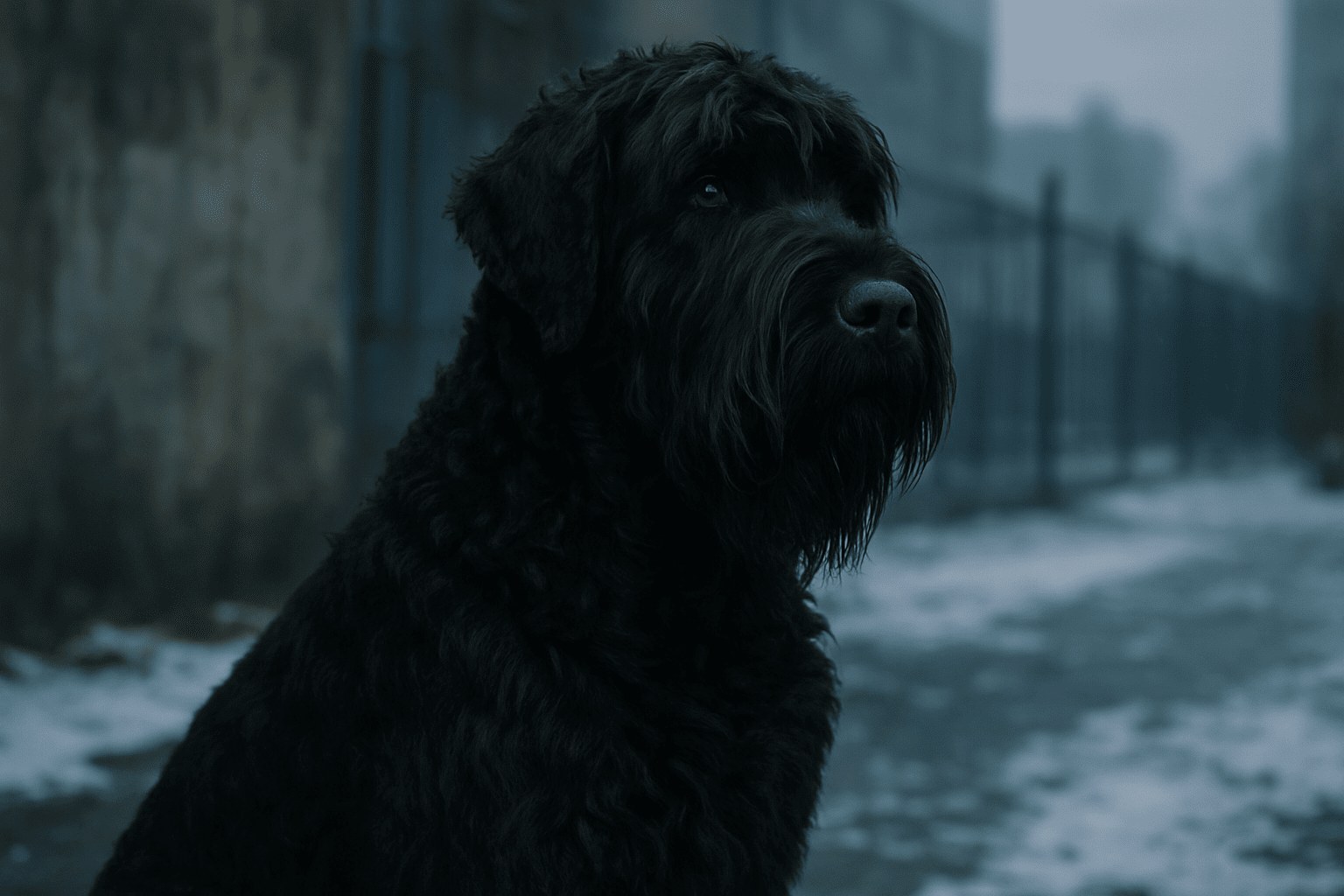 Close-up of Black Russian Terrier with thick shaggy fur, blurred gray-blue city street and fence in snowy muted background
