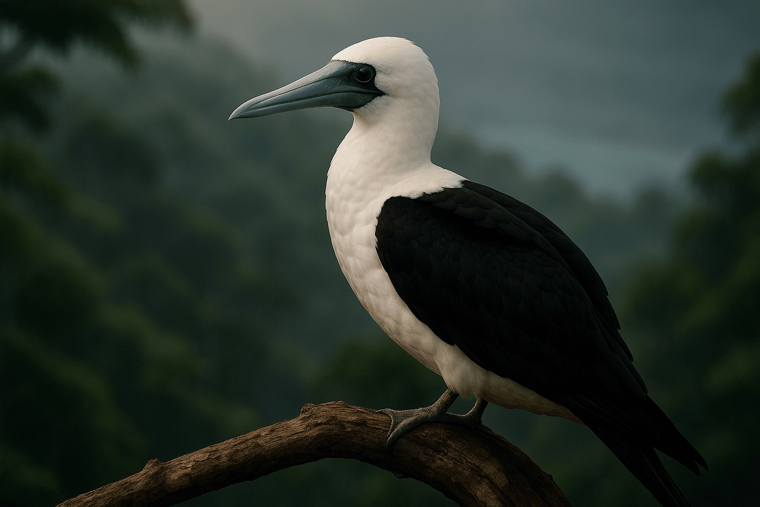Close-up of Abbott’s Booby perched on a branch with black-and-white plumage and green foliage in the blurred background.
