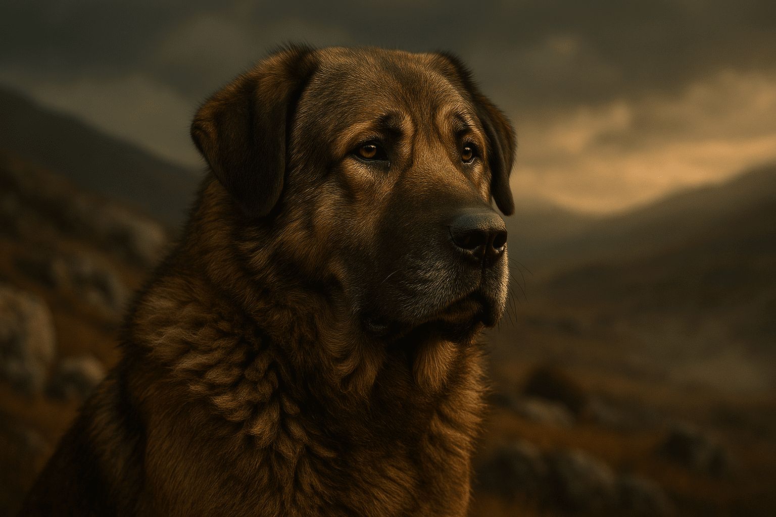 Close-up of Armenian Gampr Dog with thick brown fur, gazing calmly in front of a softly blurred mountain landscape background