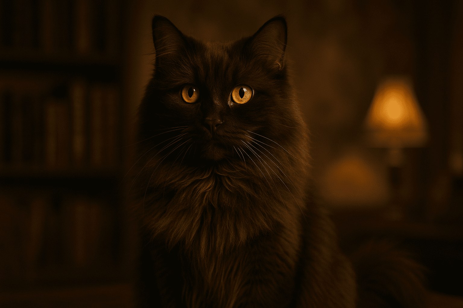 Close-up of Chantilly-Tiffany cat with thick dark brown fur and golden eyes in warm low light, blurred bookshelf background