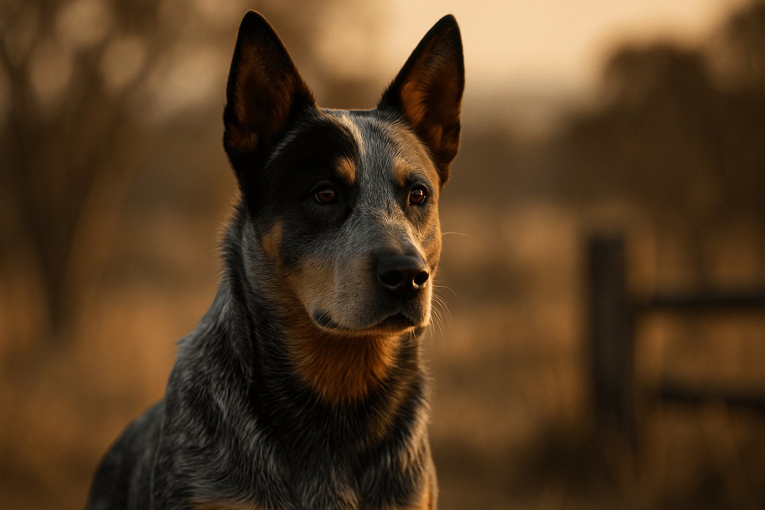 Close-up of Australian Cattle Dog Blue Heeler with blue-gray mottled coat, erect ears, looking right, blurred natural background