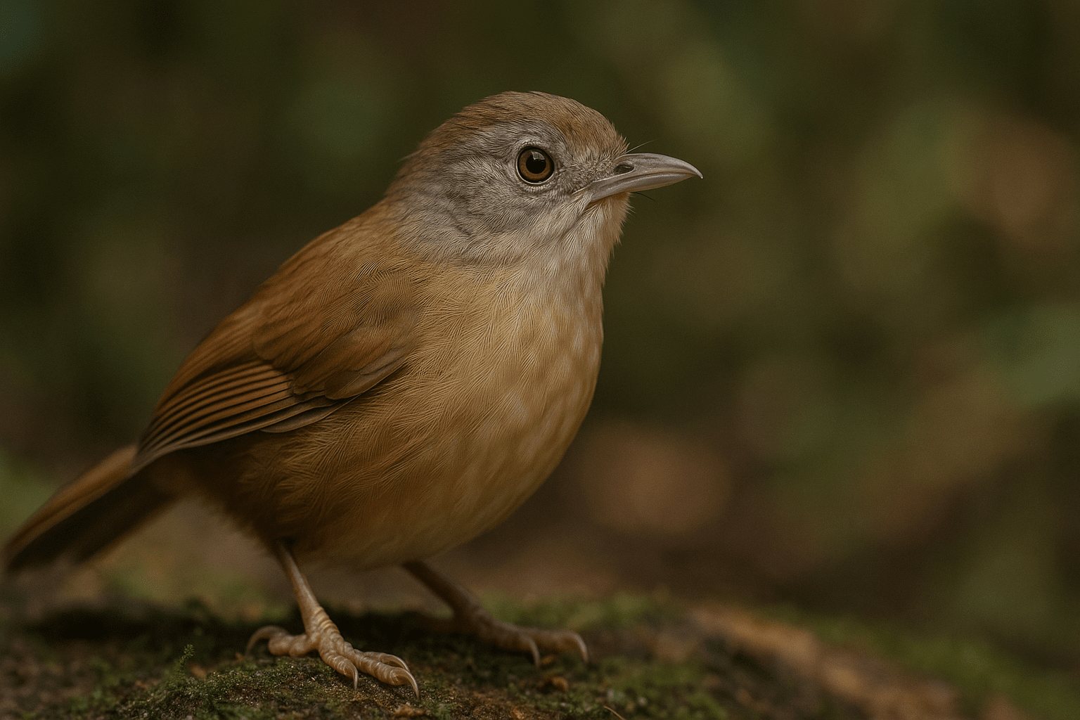 Close-up of an Abbott’s Babbler perched on a mossy branch, feathers fluffed, against a soft green and brown blurred background.