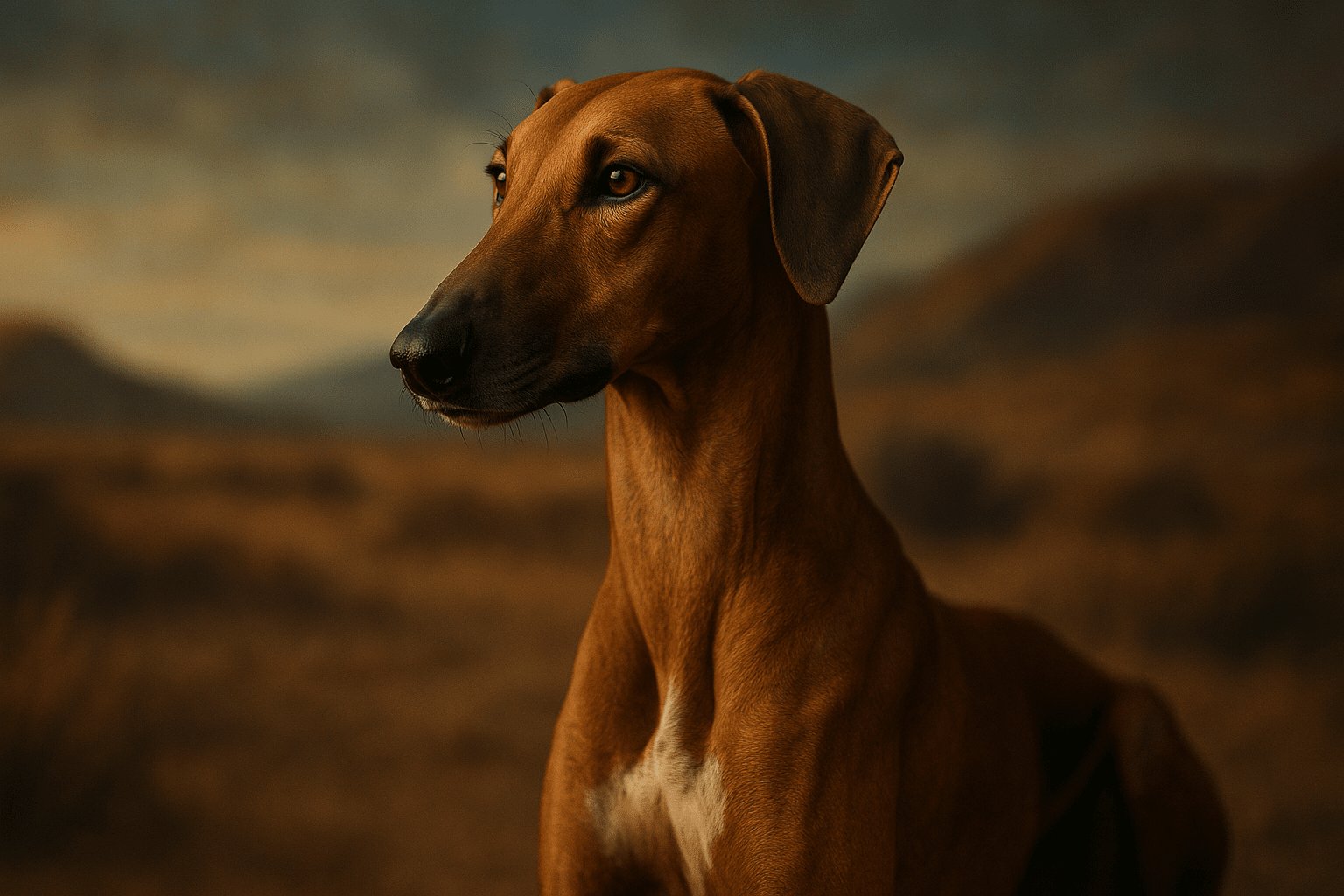 Close-up profile of Azawakh dog with smooth reddish-brown fur and pointed ears against blurred earthy hills background