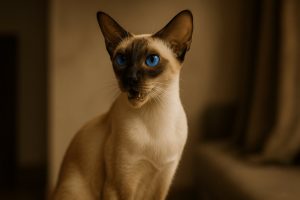 Colorpoint Shorthair Cat close-up with blue eyes and dark facial markings, beige fur, and a soft tan blurred background