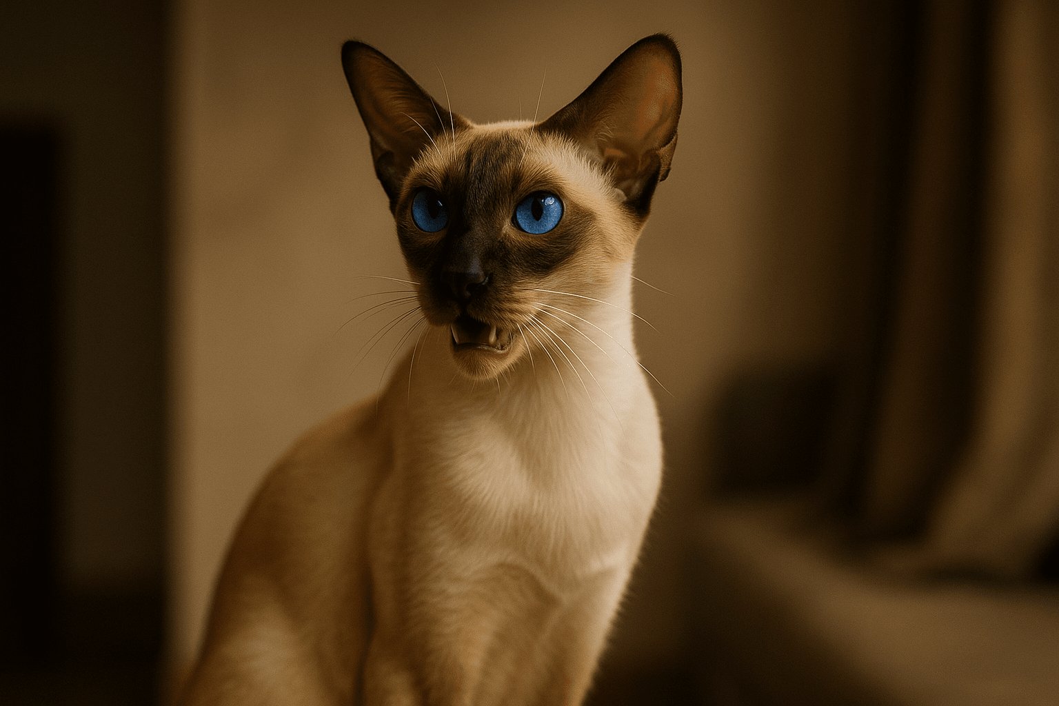 Colorpoint Shorthair Cat close-up with blue eyes and dark facial markings, beige fur, and a soft tan blurred background