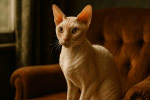 Cornish Rex Cat with amber eyes sitting on a velvet armchair, softly lit in a dim room with blurred window and drapes in background