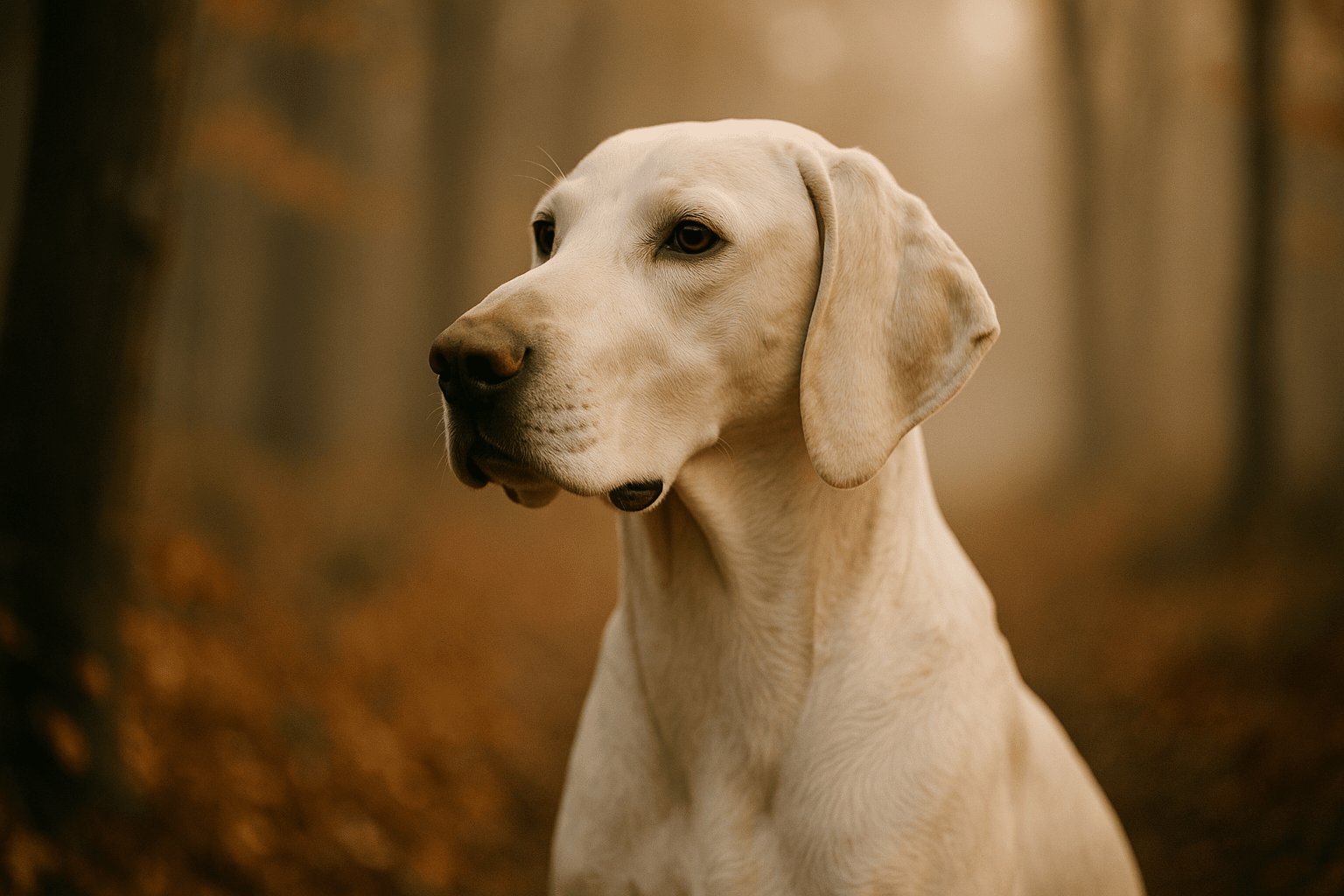 Close-up of cream-colored Billy Dog with floppy ears in autumn woodland, alert gaze to the right under warm outdoor light