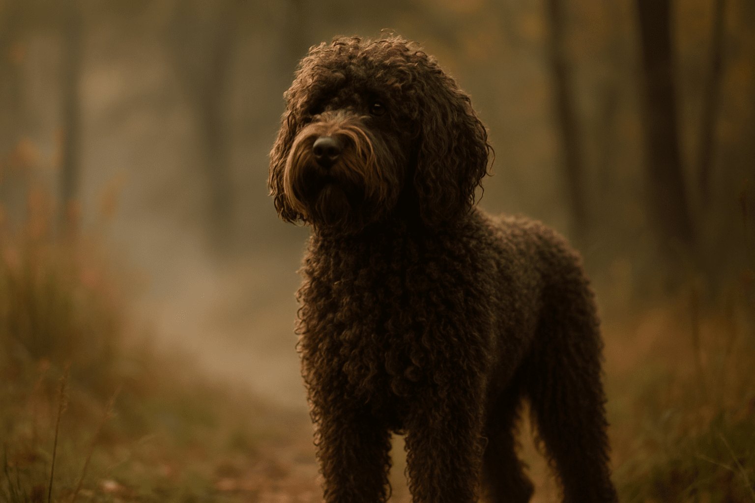 Brown Barbet Dog with curly fur stands on a misty forest path, looking at the camera, soft fog and muted autumn tones