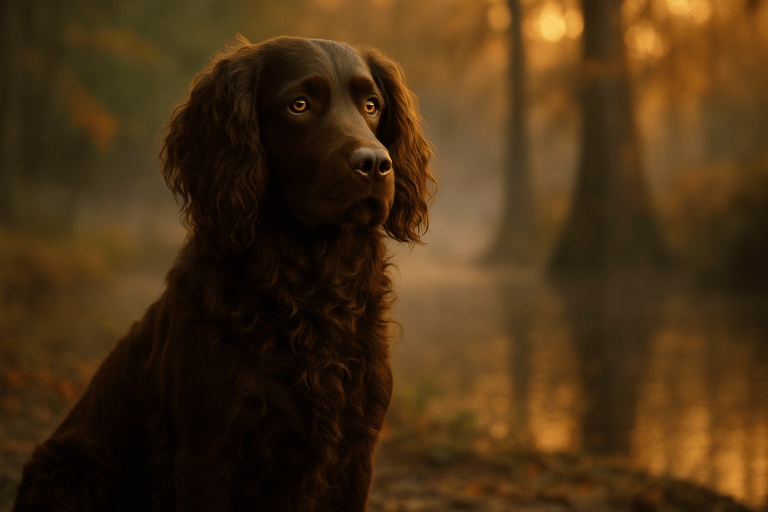 Boykin Spaniel with curly brown coat sits in misty forest near golden-hued water, gazing attentively into the distance