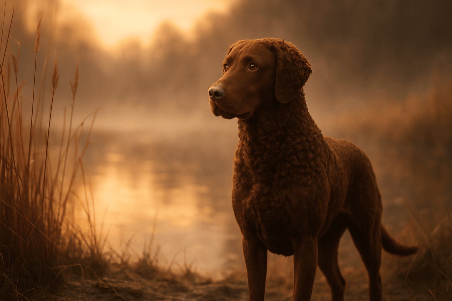 A curly-coated retriever with a rich brown coat stands gracefully in a misty, golden landscape near water.