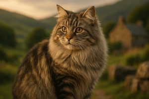 Cymric cat with long gray-brown fur and amber eyes sits alert against blurred rural hills and stone cottage at golden hour