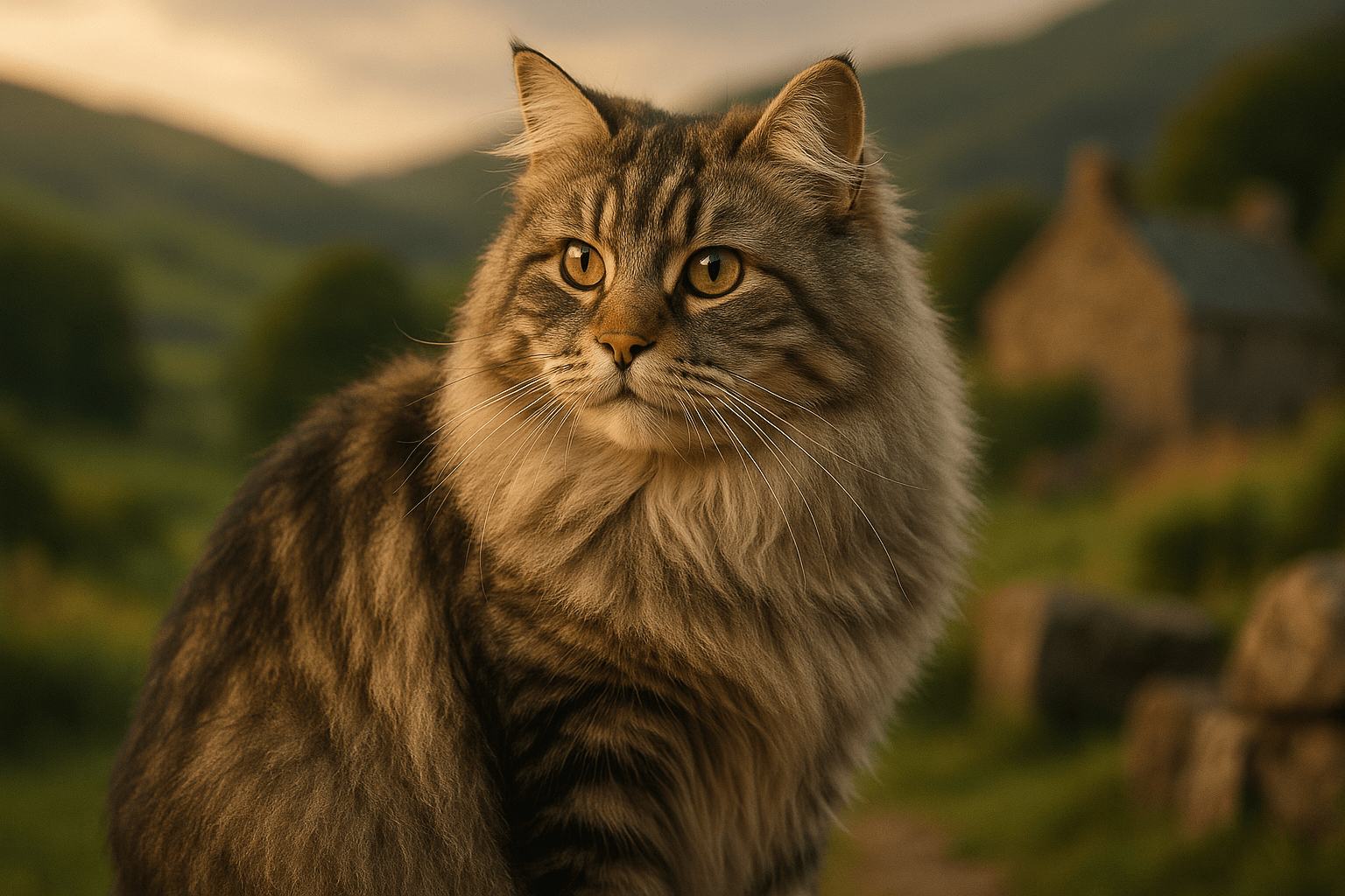 Cymric cat with long gray-brown fur and amber eyes sits alert against blurred rural hills and stone cottage at golden hour