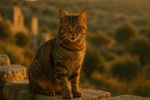 Cyprus Cat with yellow-green eyes sits alert on stone ledge, golden hills and trees in soft golden-hour background